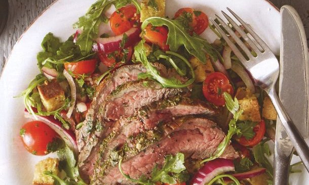 Beef Steak with Chimichurri Sauce and Tomato Salad