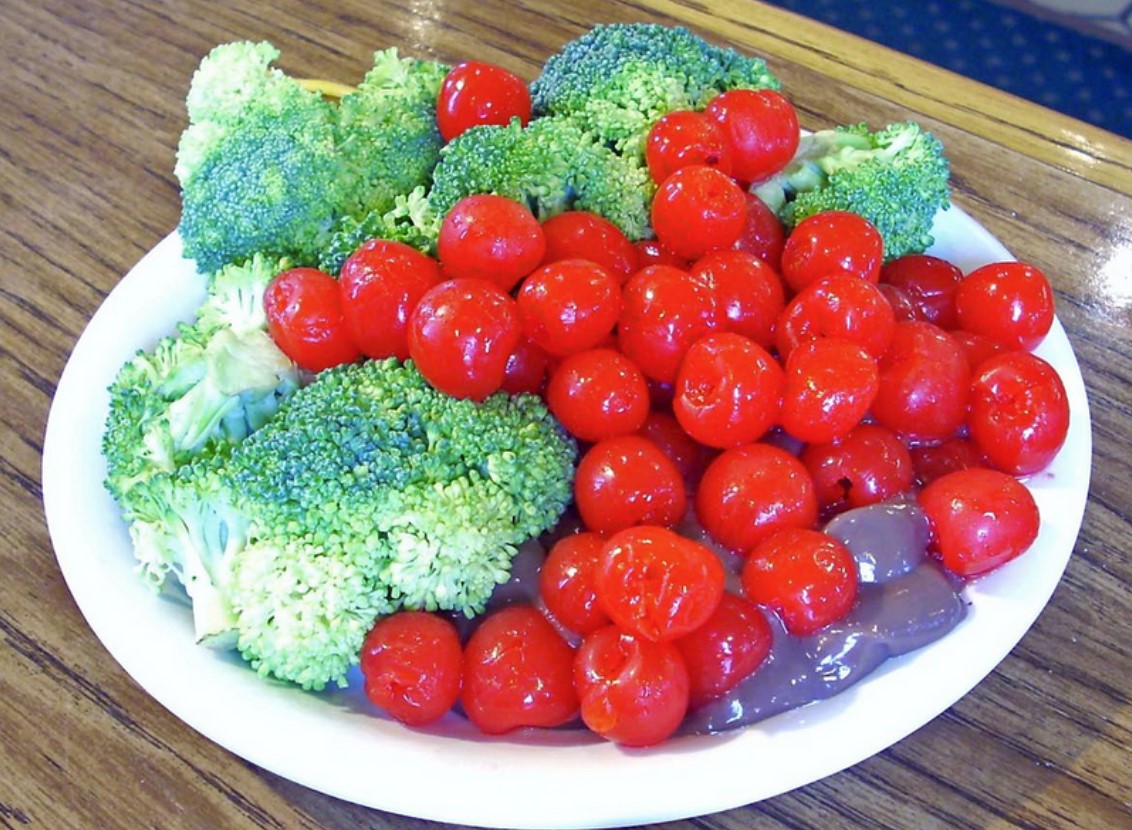 Raw broccoli, cherry, and chocolate pudding