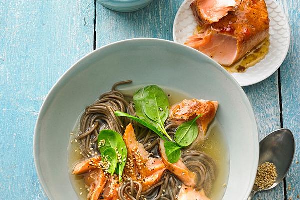 Asian Noodle Soup with Marinated Salmon