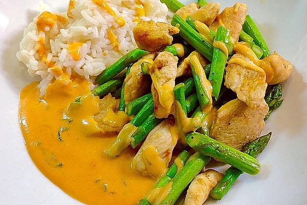 Asparagus in Pink Basil – Cheese Sauce with Fillet Of Pork, Chicken or Turkey