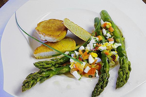 Baked Asparagus with Yeast Pancakes and Paprika Vinaigrette