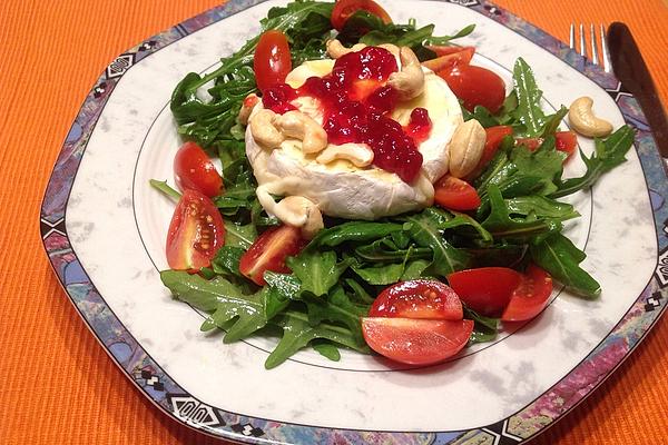 Baked Camembert in Honey Mustard Sauce with Rocket and Tomato Salad