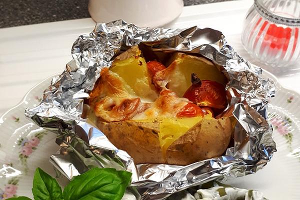 Baked Potatoes with Tomato and Mozzarella Filling and Basil Quark