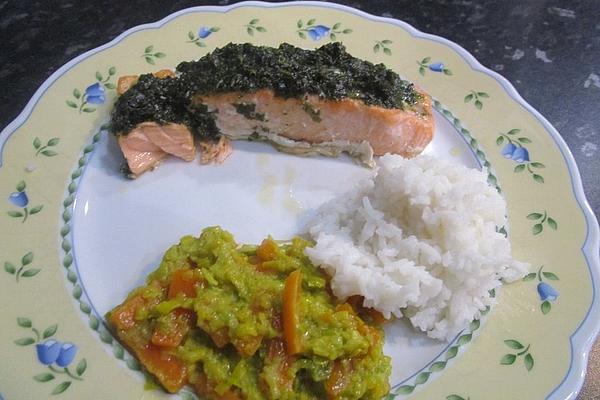 Baked Salmon with Honey Herb Crust and Leek and Carrot Curry