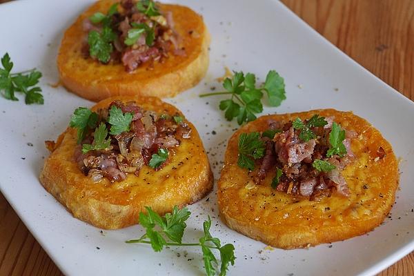Baked Sweet Potato Slices with Cheddar Cheese and Mixture Of Bacon and Shallot