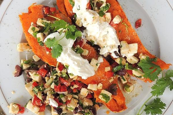 Baked Sweet Potato with Spicy Feta and Olive Salad