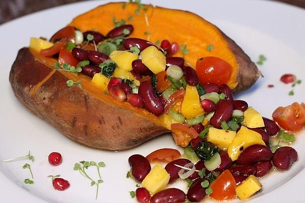 Baked Sweet Potatoes Filled with Bean and Mango Salsa