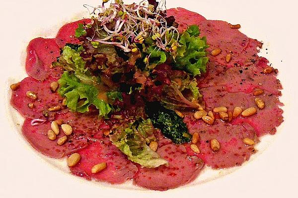 Beef Carpaccio with Basil Pesto, Parmesan and Roasted Pine Nuts