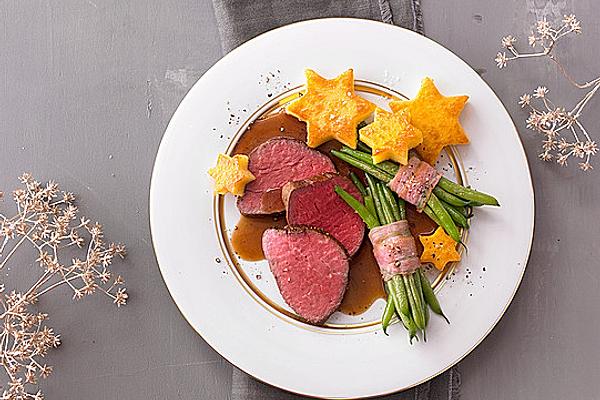 Beef Fillet with Polenta Stars and Beans Wrapped in Bacon