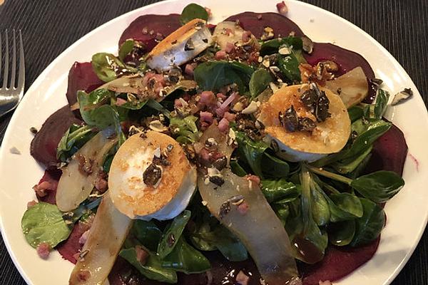 Beetroot Carpaccio with Lamb`s Lettuce, Pears and Pumpkin Seed Brittle