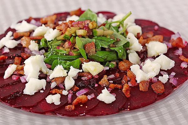 Beetroot Carpaccio with Queso De Cabra, Pork Belly, Cucumber and Basil