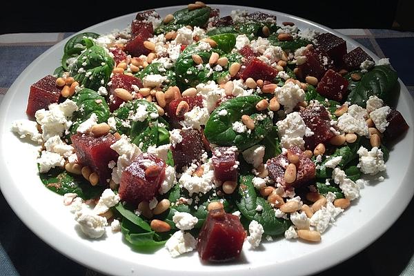Beetroot Salad with Sheep Cheese, Spinach and Pine Nuts