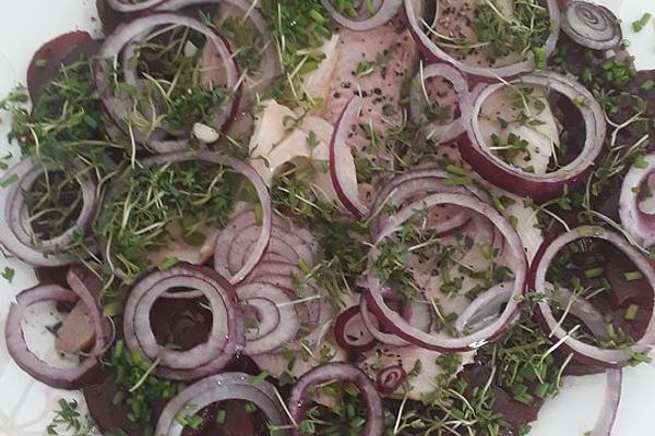 Beetroot Salad with Smoked Trout Fillets and Horseradish Dressing