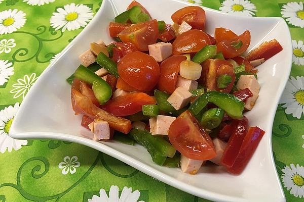 Bell Pepper Salad with Tomatoes, Onions and Meat Sausage
