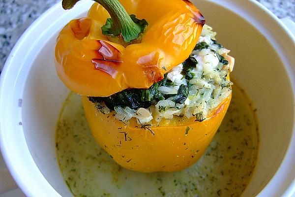 Braised Peppers Filled with Feta and Spinach Rice