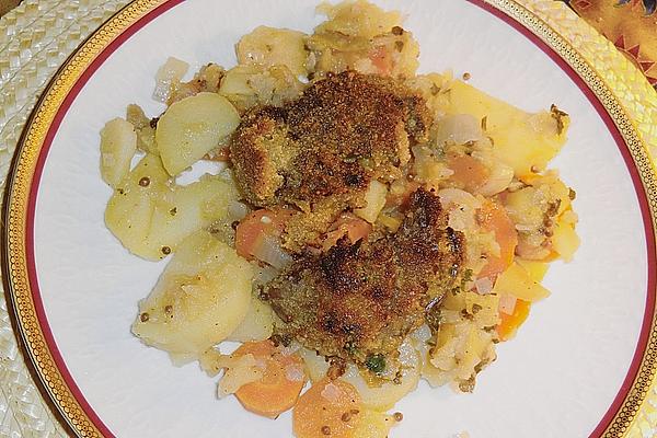 Breaded Strips Of Meat and Giblets on Bed Of Vegetables – Apple