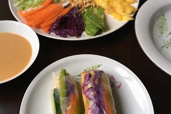 Brightly Colored Summer Rolls with Salty and Sweet Peanut Soy Sauce