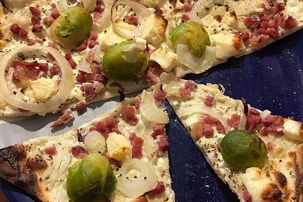 Brussels Sprouts Tarte Flambée with Ham, Red Onions and Feta Cheese