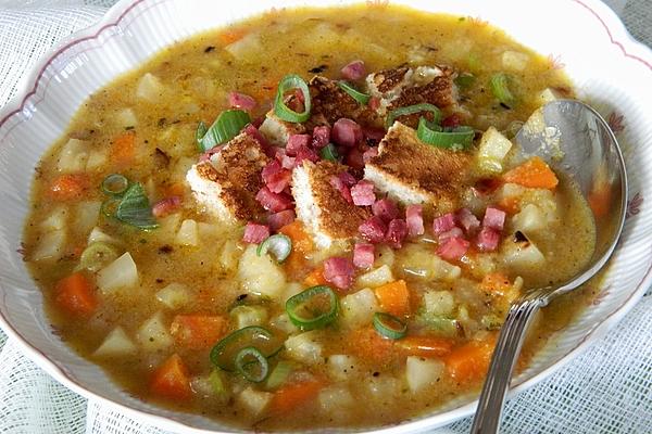 Burnt Semolina Soup with Vegetables, Toasted Bread Cubes and Bacon