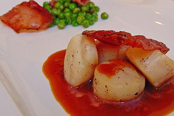 Caramelized Scallops on Peas – Vegetables and Serrano Ham