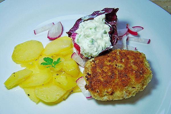 Cauliflower Cakes with Spring Cream and Jacket Potatoes