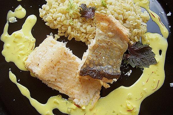 Char Fillet Roasted on Skin with Celery – Tender Wheat – Risotto and Saffron – Lime Sauce