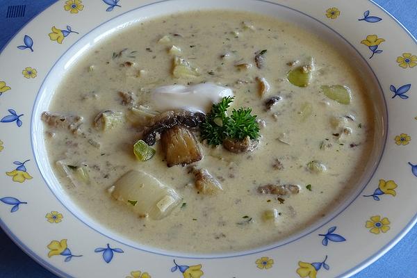 Cheese Soup with Minced Meat, Mushrooms and Leek