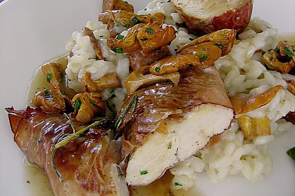 Chicken Breast Fillet Baked in Black Forest Ham on Chanterelle Risotto