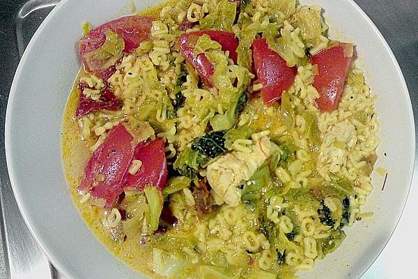 Chicken Coconut Soup with Savoy Cabbage, Tomatoes, Sage and Saffron