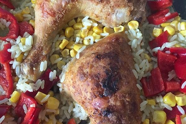 Chicken Legs with Paprika – Corn – Rice