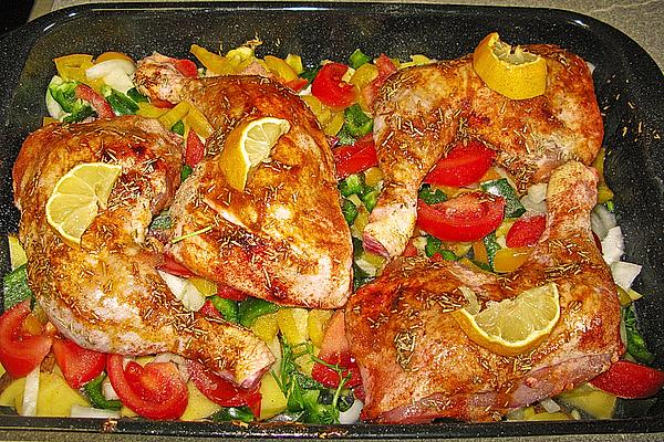 Chicken on Bed Of Vegetables from Oven