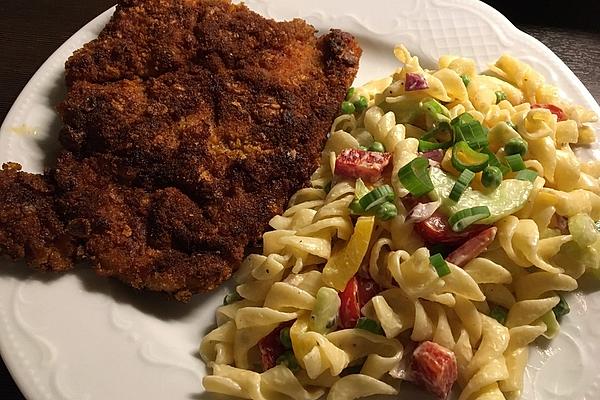 Chicken Schnitzel in Crispy Shell with Colorful Pasta Salad