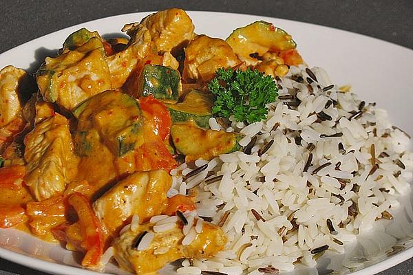 Chicken with Zucchini and Bell Pepper in Peanut Coconut Sauce