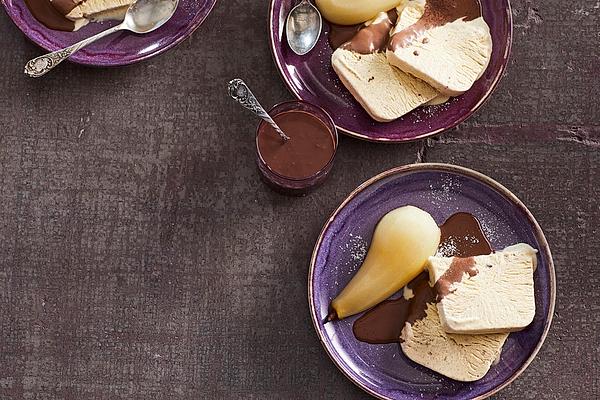 Cinnamon Ice Cream with Pears and Gingerbread Sauce