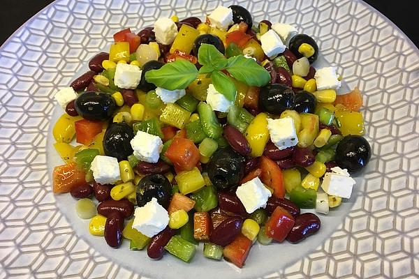 Colorful Salad with Peppers, Olives and Sheep Cheese