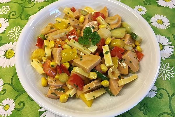 Colorful Sausage Salad with Gouda Cheese and Tomato Dressing