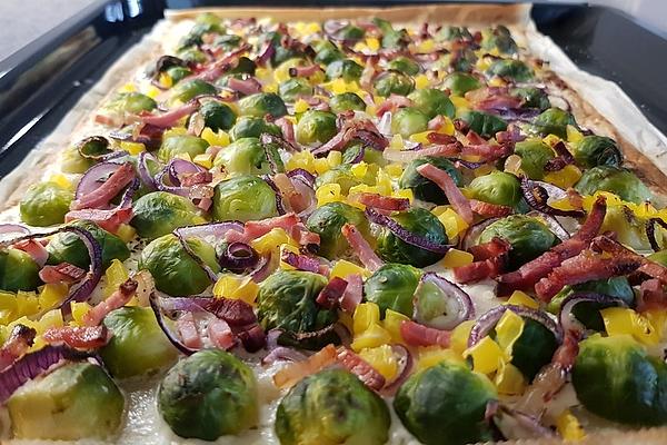 Colorful Winter Tarte Flambée with Brussels Sprouts and Red Onions