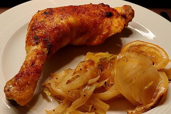 Crispy Chicken Legs on Lemon Fennel