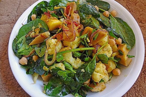 Curry Spinach Salad with Mango, Chickpeas and Cauliflower
