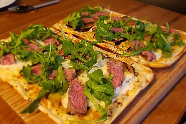 Eggplant and Steak Tarte Flambée with Apricot and Chilli Cream