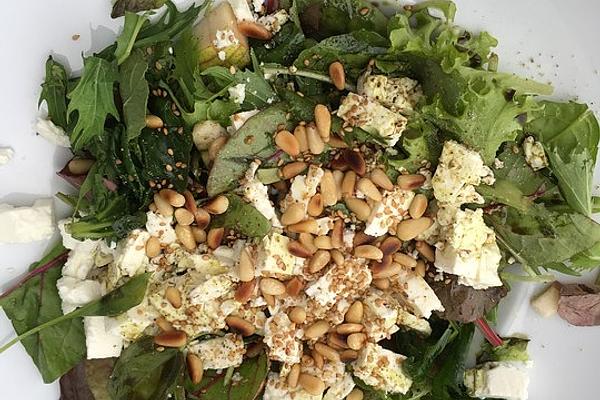Favorite Salad with Pear, Balsamic Vinegar, Feta and Pine Nuts