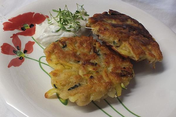 Fine Zucchini Potato Pancakes with Nuts and Mustard Dip