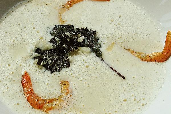 Foam Soup Of Fresh Garlic with Prawns and Perilla Tempura
