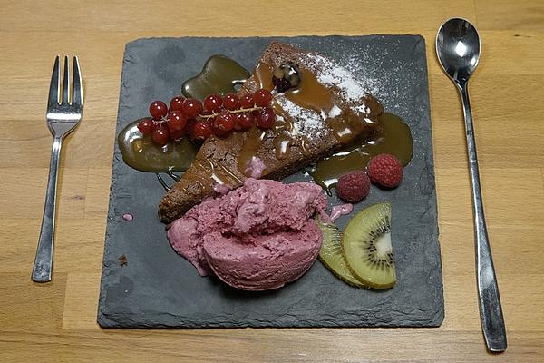 French Chocolate Tart with Blackberry Ice Cream and Caramel “rock Hard”