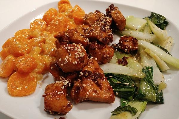 Fried Chicken with Sesame, Honey and Pak Choi