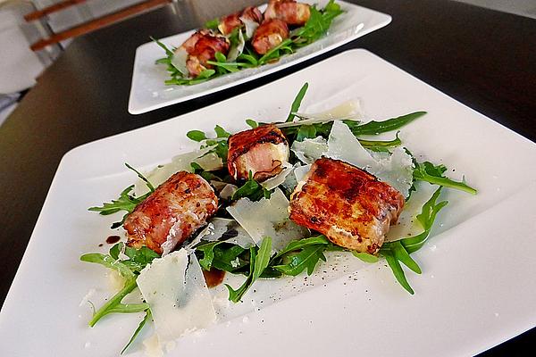 Fried Sheep`s Cheese Wrapped in Bacon on Rocket-parmesan Salad