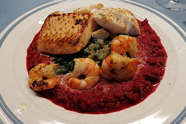 Game Fish on Spinach Leaves in Beetroot Sauce