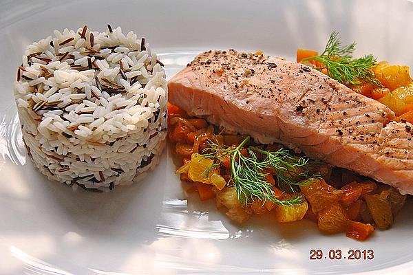 Gently Cooked Salmon on Carrot, Orange and Fennel Vegetables