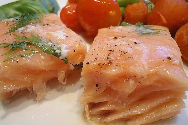 Glassy Cooked Salmon with Spring Onions and Cocktail Tomatoes