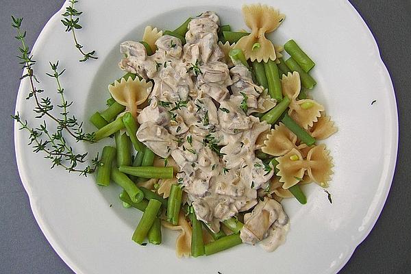Green Beans with Pasta and Mushroom Goat Cheese Sauce